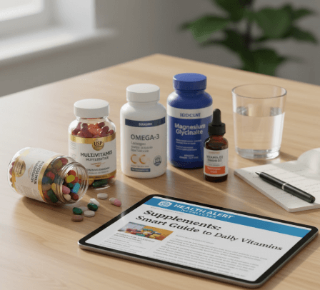 Daily vitamins and supplements organized on a table